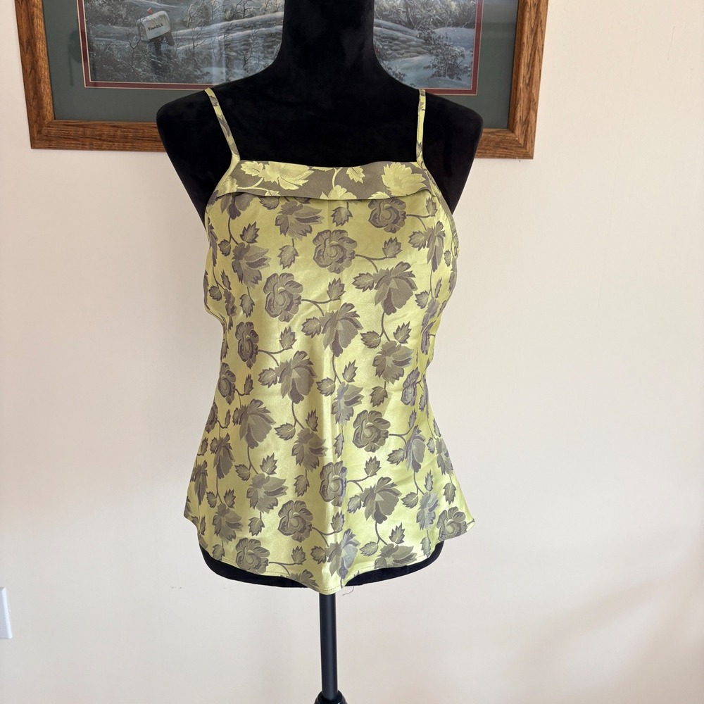 La Fleur Floral Jacquard‎ Camisole Top Womens Medium Green Satin Cami Tank